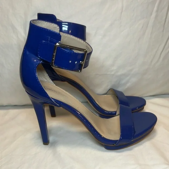 Calvin Klein Patent Leather Blue Heels with Ankle Strap and Buckle - Picture 2 of 9